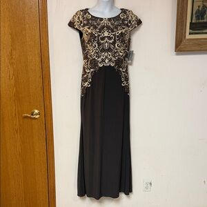 Alex Evenings Embroidered Mocha Brown Gown Mother of Bride Cocktail Maxi Dress